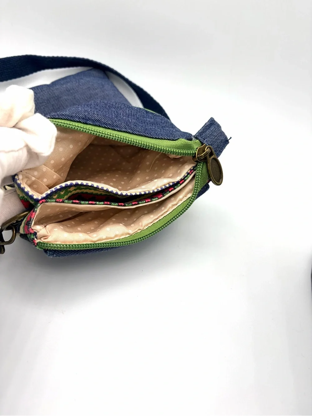 Compact Denim Canvas Crossbody Phone Bag with Bohemian Style Multicolor Trim